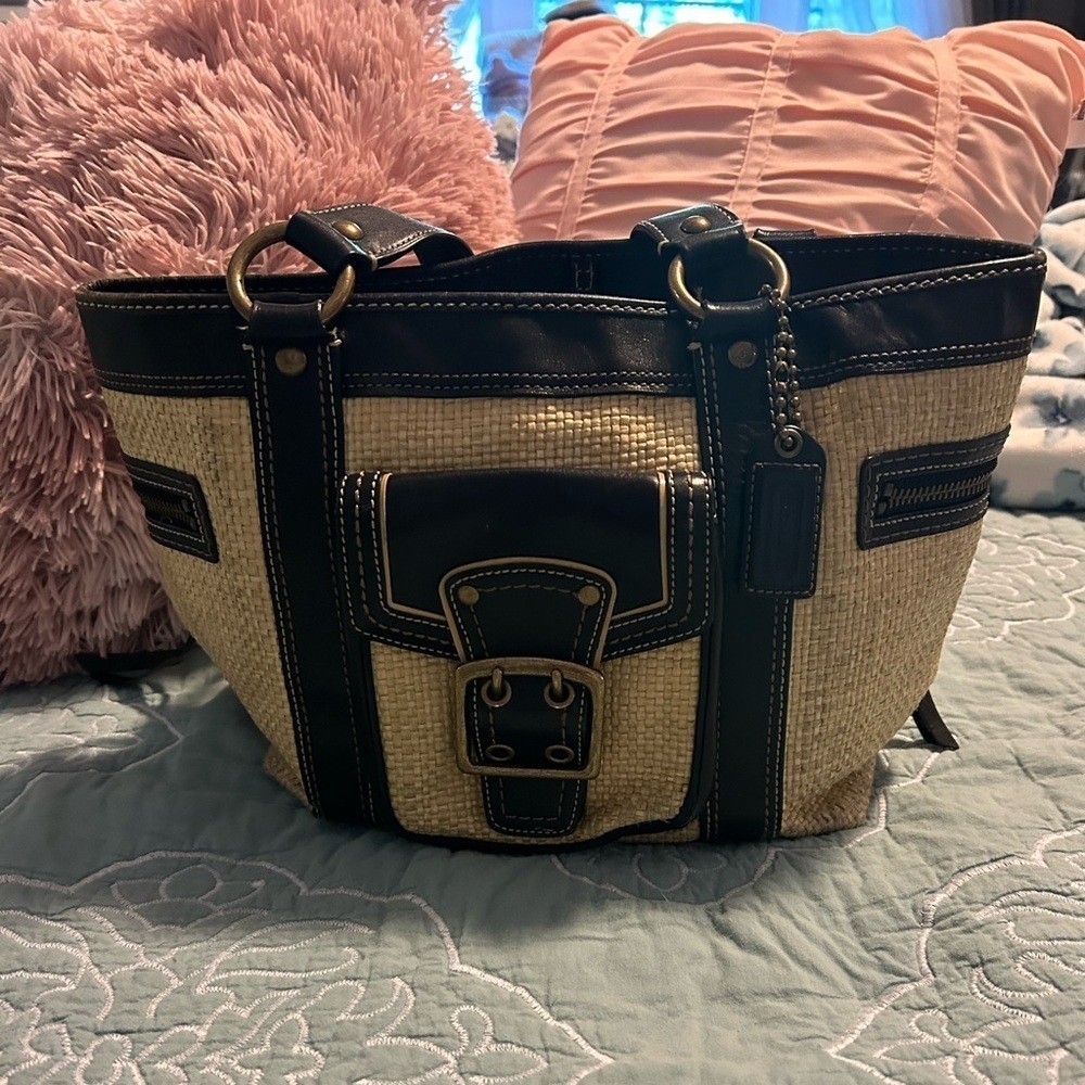 Vintage Coach Legacy Straw & Leather Satchel Tote Handbag Black/Cream